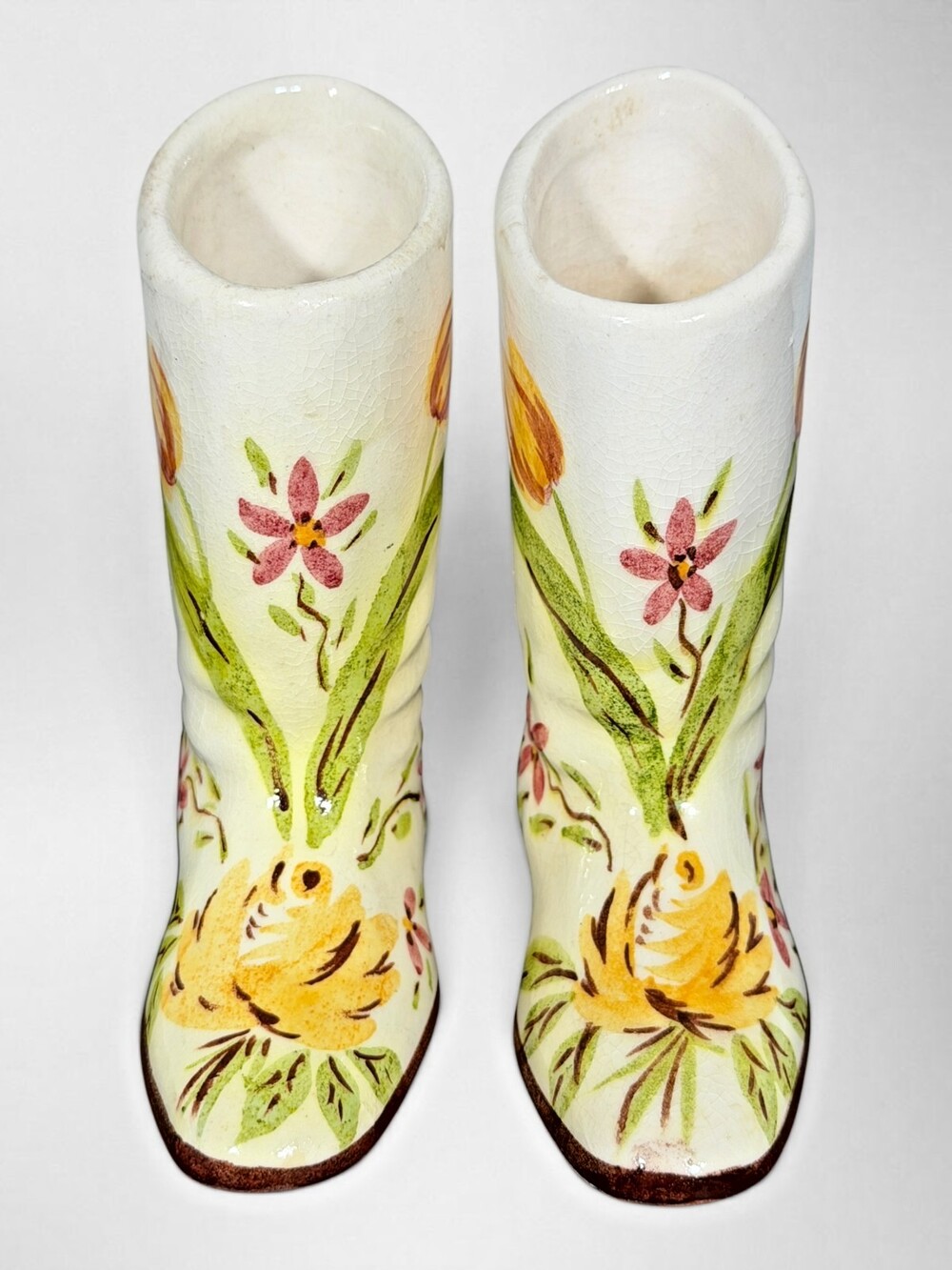 Vintage Ceramic Boot Bud Vases Pair Hand Painted Floral Crackle Glaze 4"